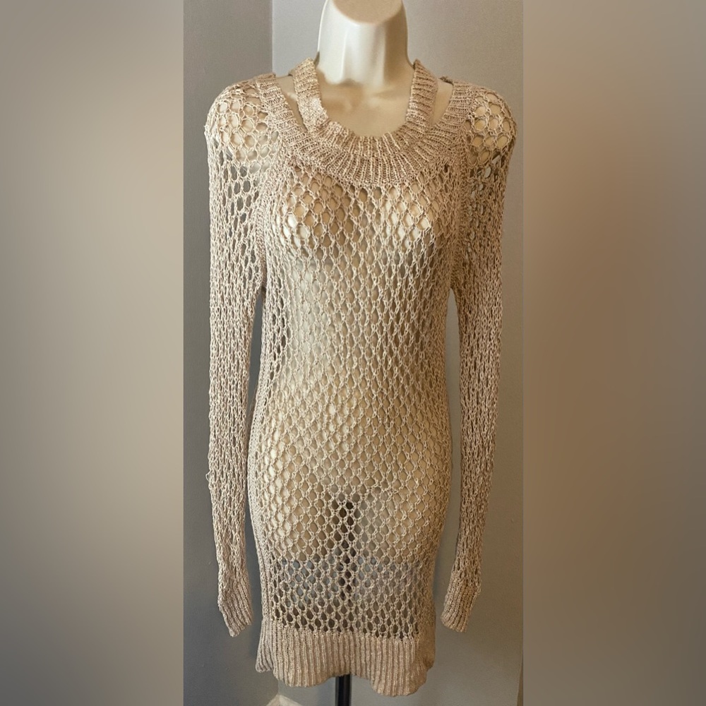 AllSaints Spitalfields “Bound” Beige Open Knit Crochet Fishnet Dress 4